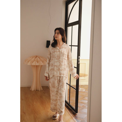女士貢緞淡雅森系印花翻領口袋長袖睡衣套裝