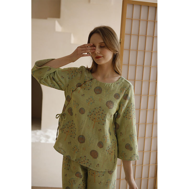 女士四季款古風樹葉印花長袖圓領家居服