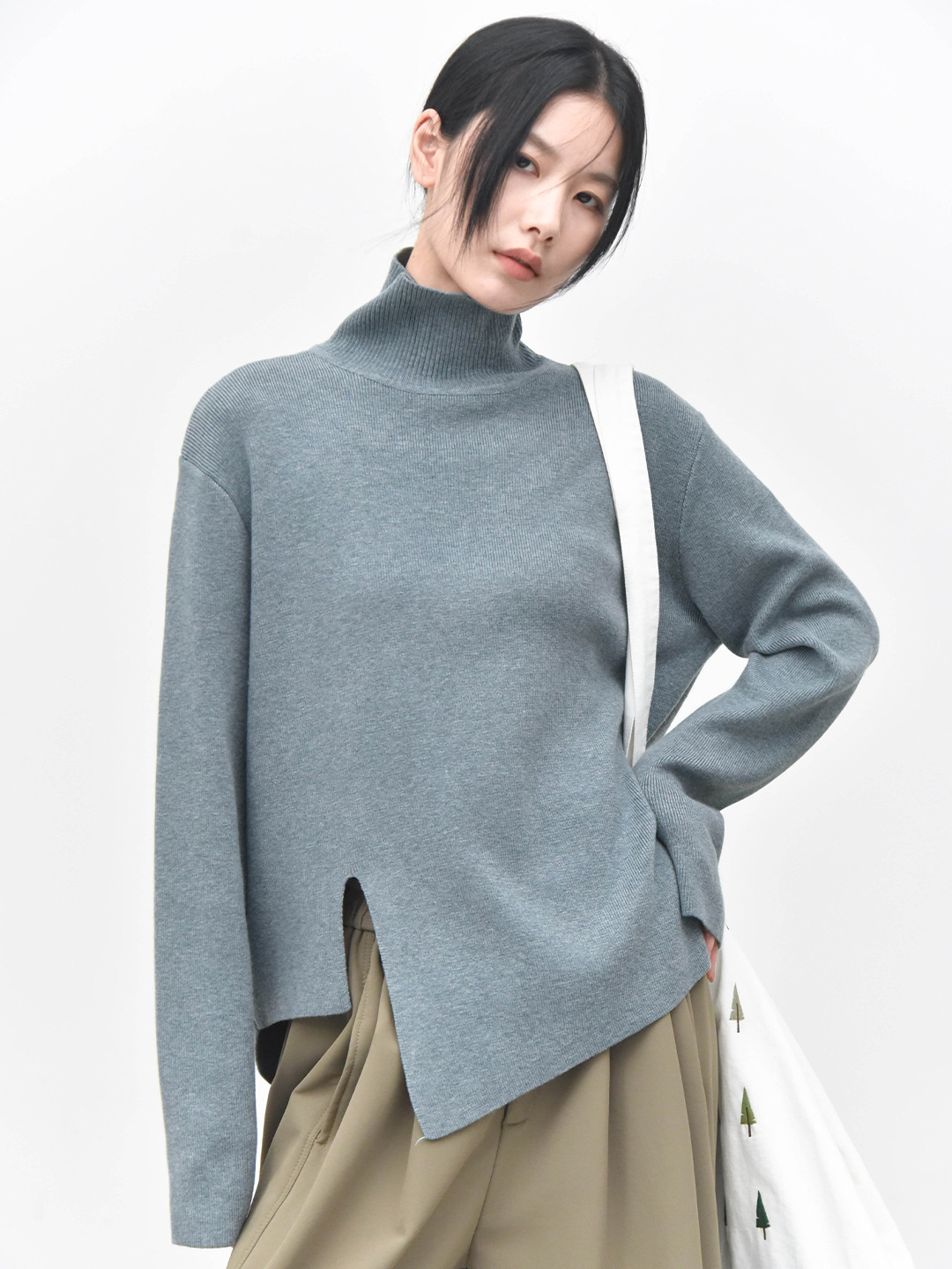 女士冬季開叉不規則高領毛衣