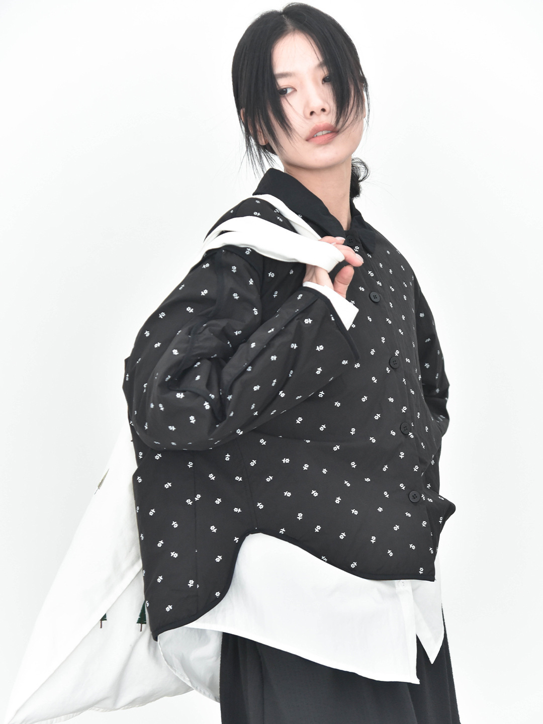 女士冬季文藝小碎花不規則下擺撞色包邊棉服外套