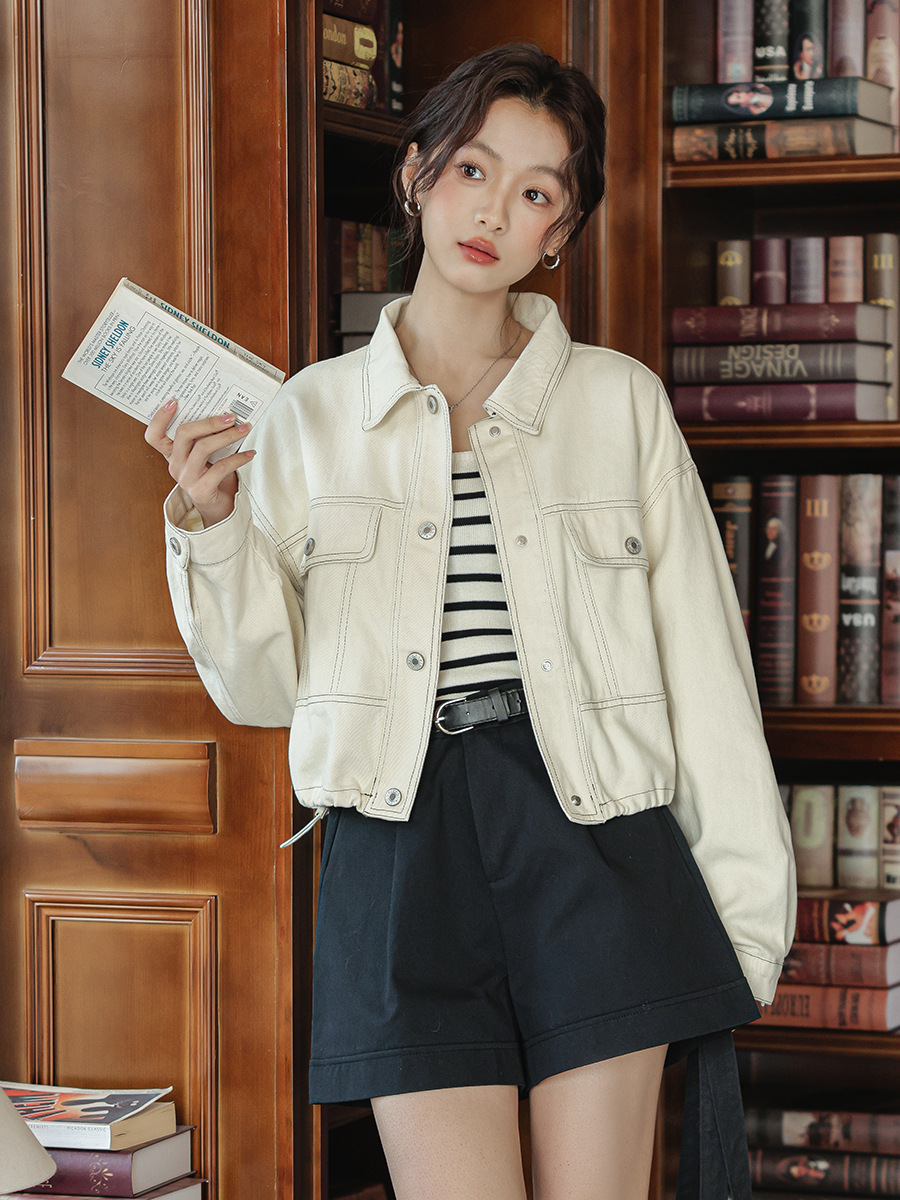 女士春秋明線抽繩工裝牛仔外套