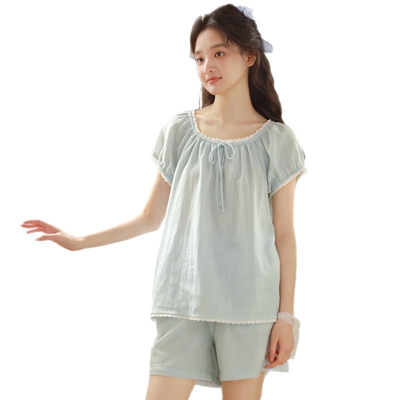 女春夏雙層棉紗花邊短袖短褲家居服