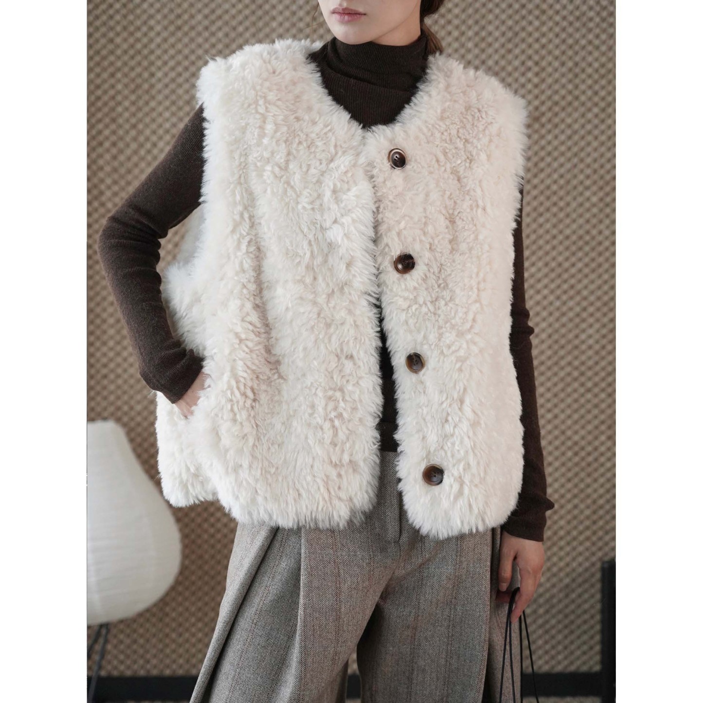 女士冬季單排扣仿馬毛馬甲