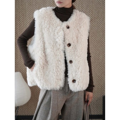 女士冬季單排扣仿馬毛馬甲