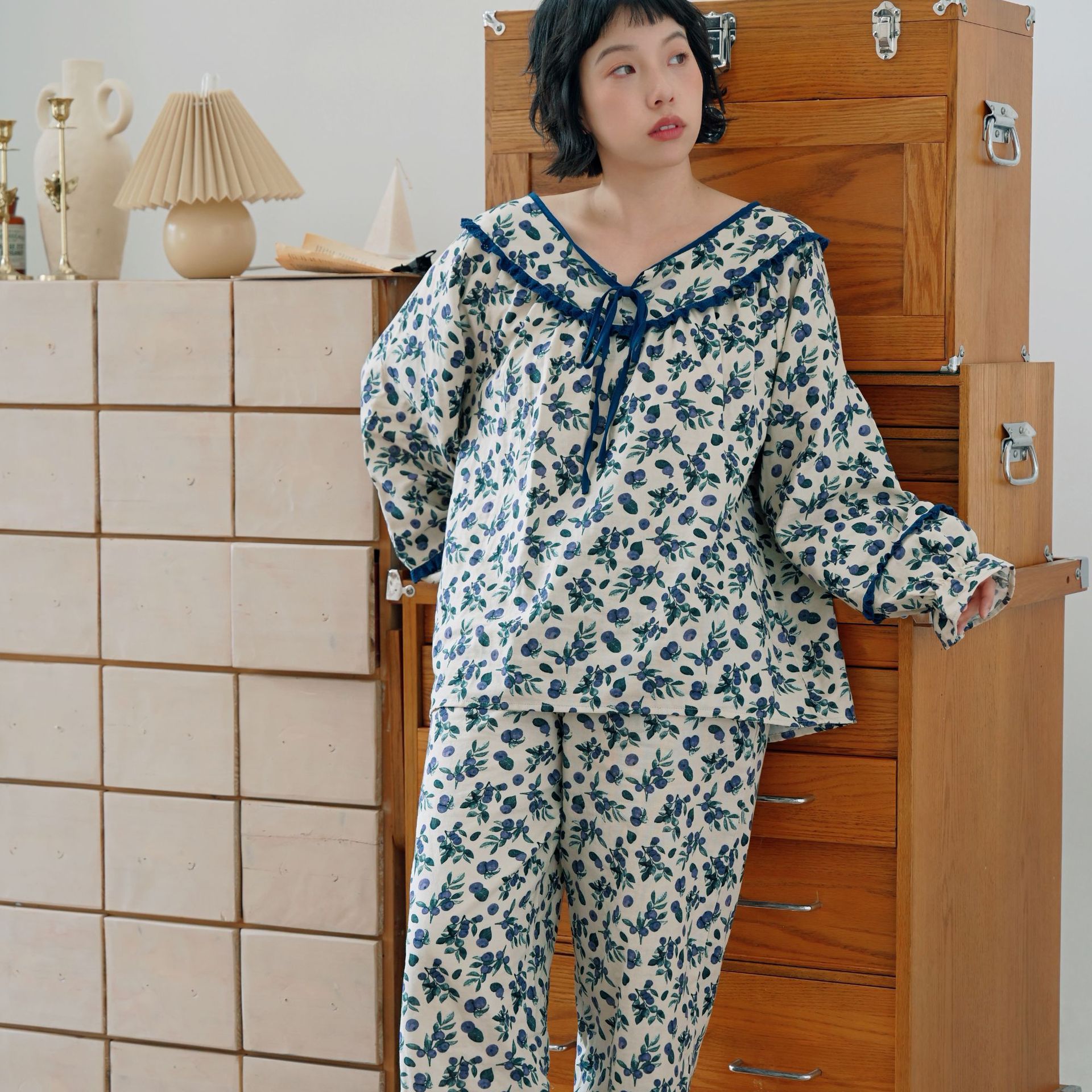 女春秋雙層棉紗漿果藤蔓長袖居家服