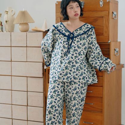 女春秋雙層棉紗漿果藤蔓長袖居家服