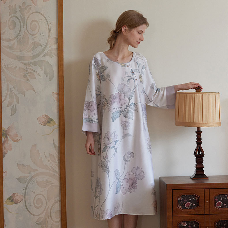 中國風復古斜襟扣天絲印花長袖睡裙