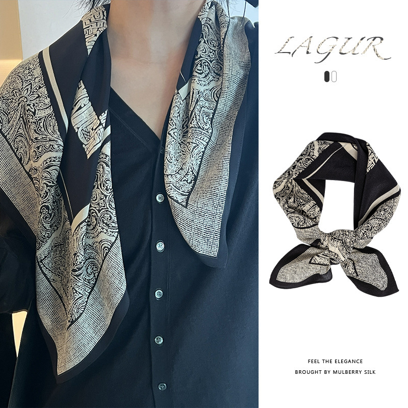 桑蠶絲古典高級感黑白絲巾