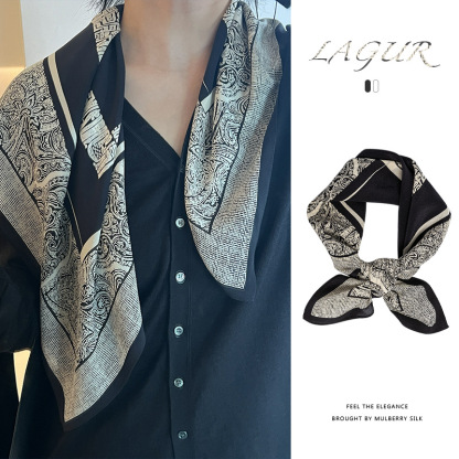 桑蠶絲古典高級感黑白絲巾