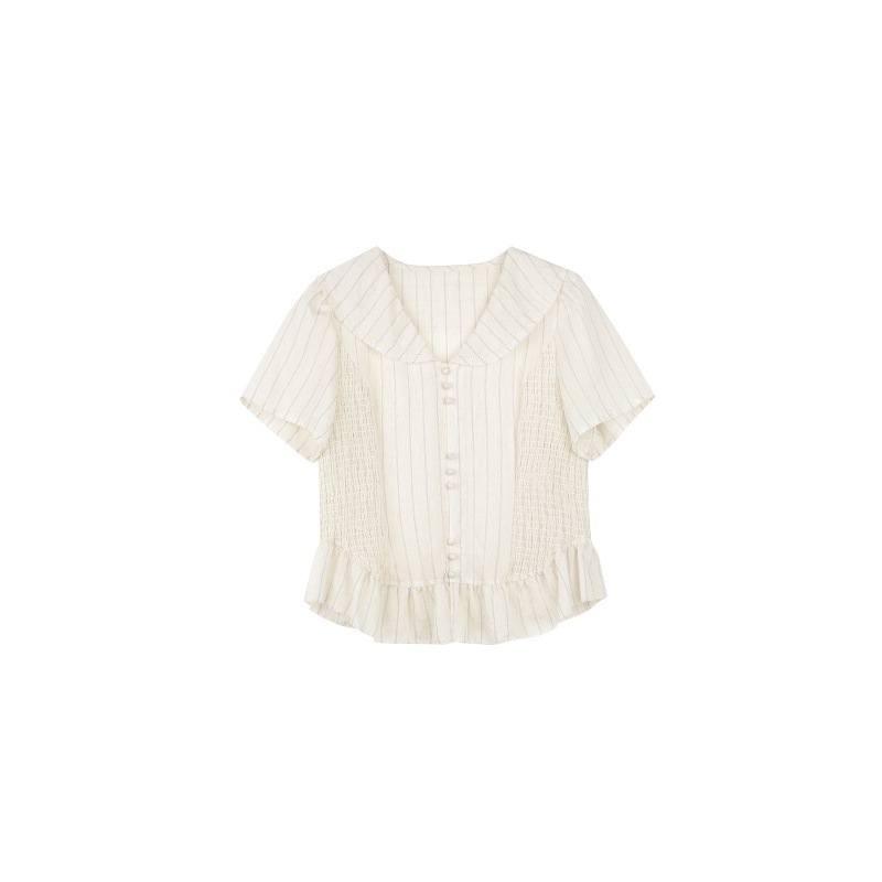 女夏亞麻條紋V領短袖襯衫