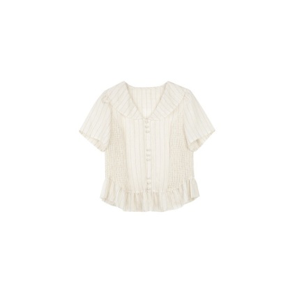 女夏亞麻條紋V領短袖襯衫
