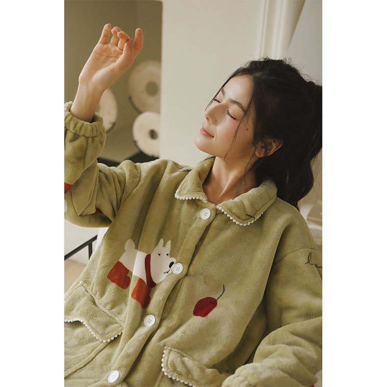 女秋冬加厚羊羔絨粉底白兔印花睡衣