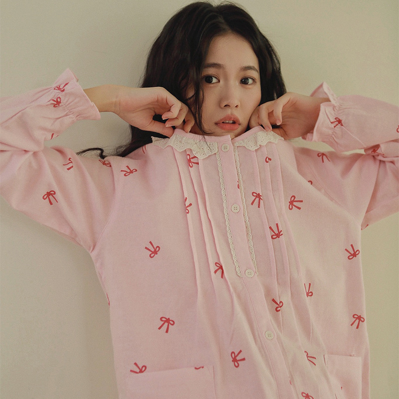 女士秋冬純棉磨毛蝴蝶結圓領花邊長袖長褲居家服