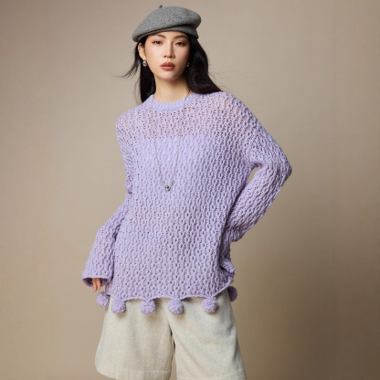 女士春秋100羊毛鏤空針織毛衣