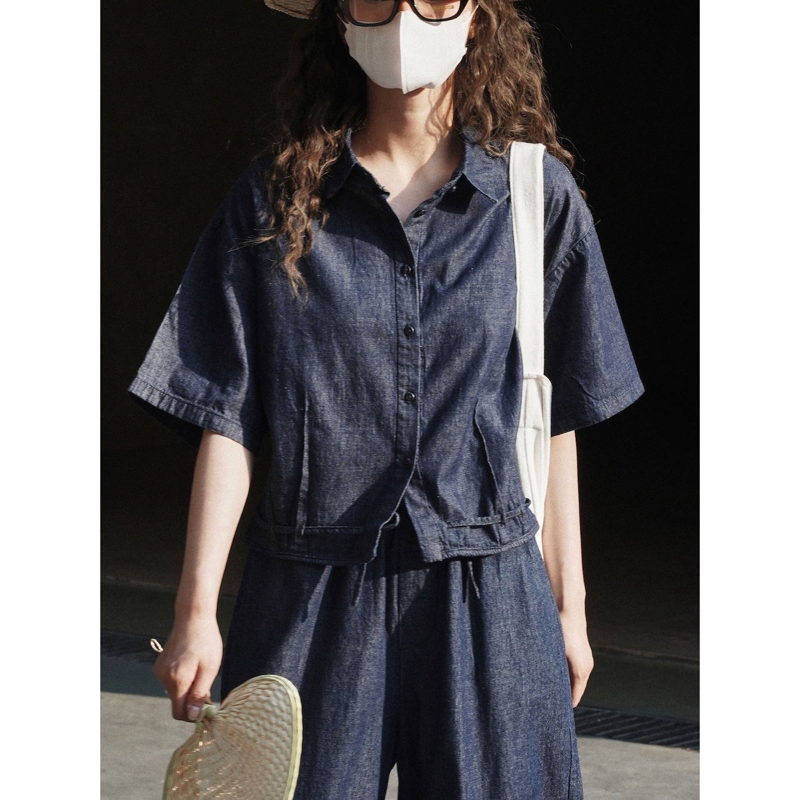女夏韓版抽绳牛仔短袖衬衫