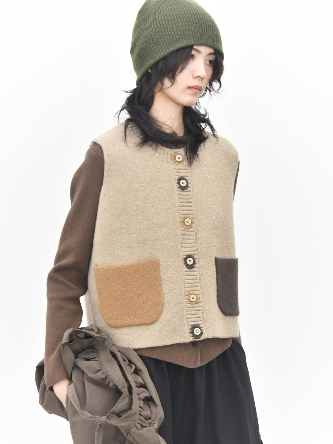 女士秋冬撞色手工扣眼針織馬甲