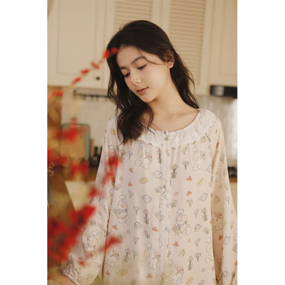 女款竹棉卡通印花圓領長袖睡衣套裝
