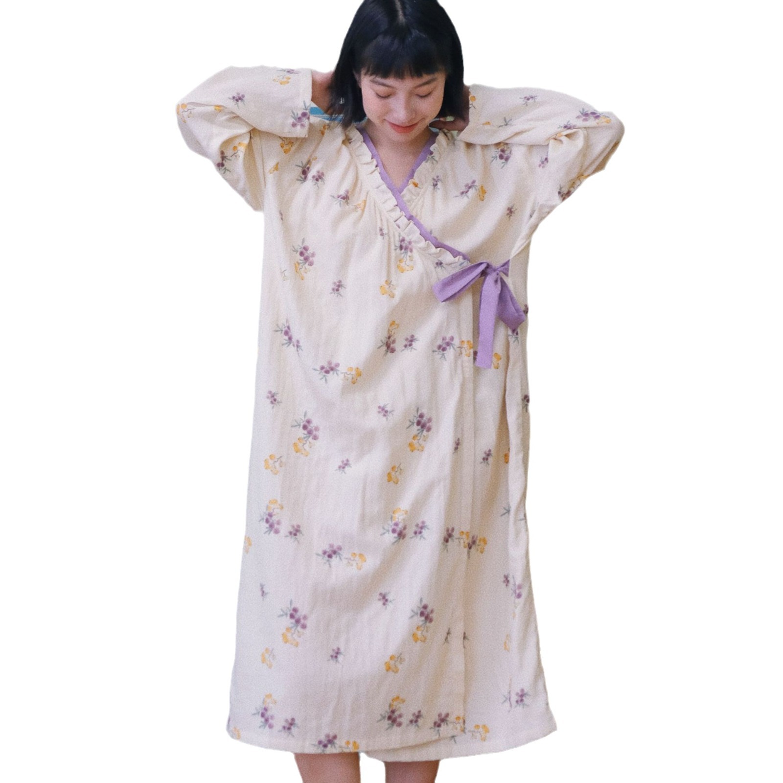 女士春秋國風長袖高級感睡袍