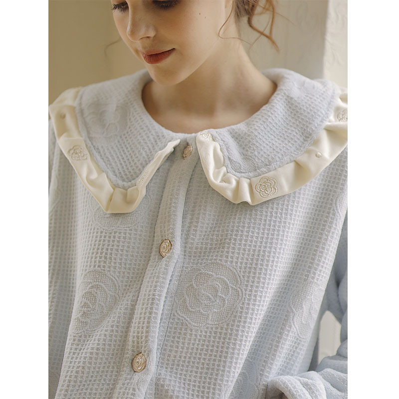 女秋冬娃娃領法蘭絨山茶花長袖睡裙