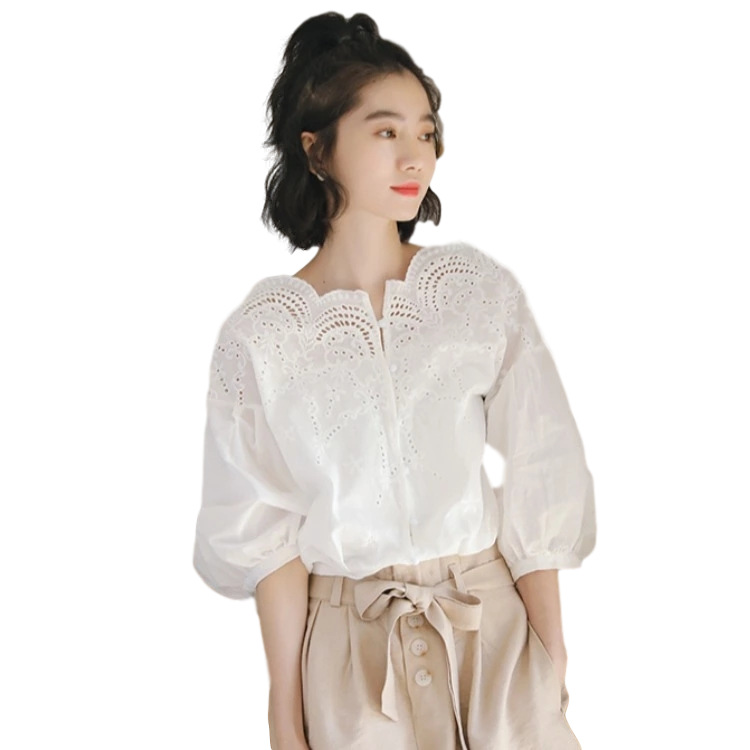 女士春夏花瓣一字肩蕾絲鏤空襯衫