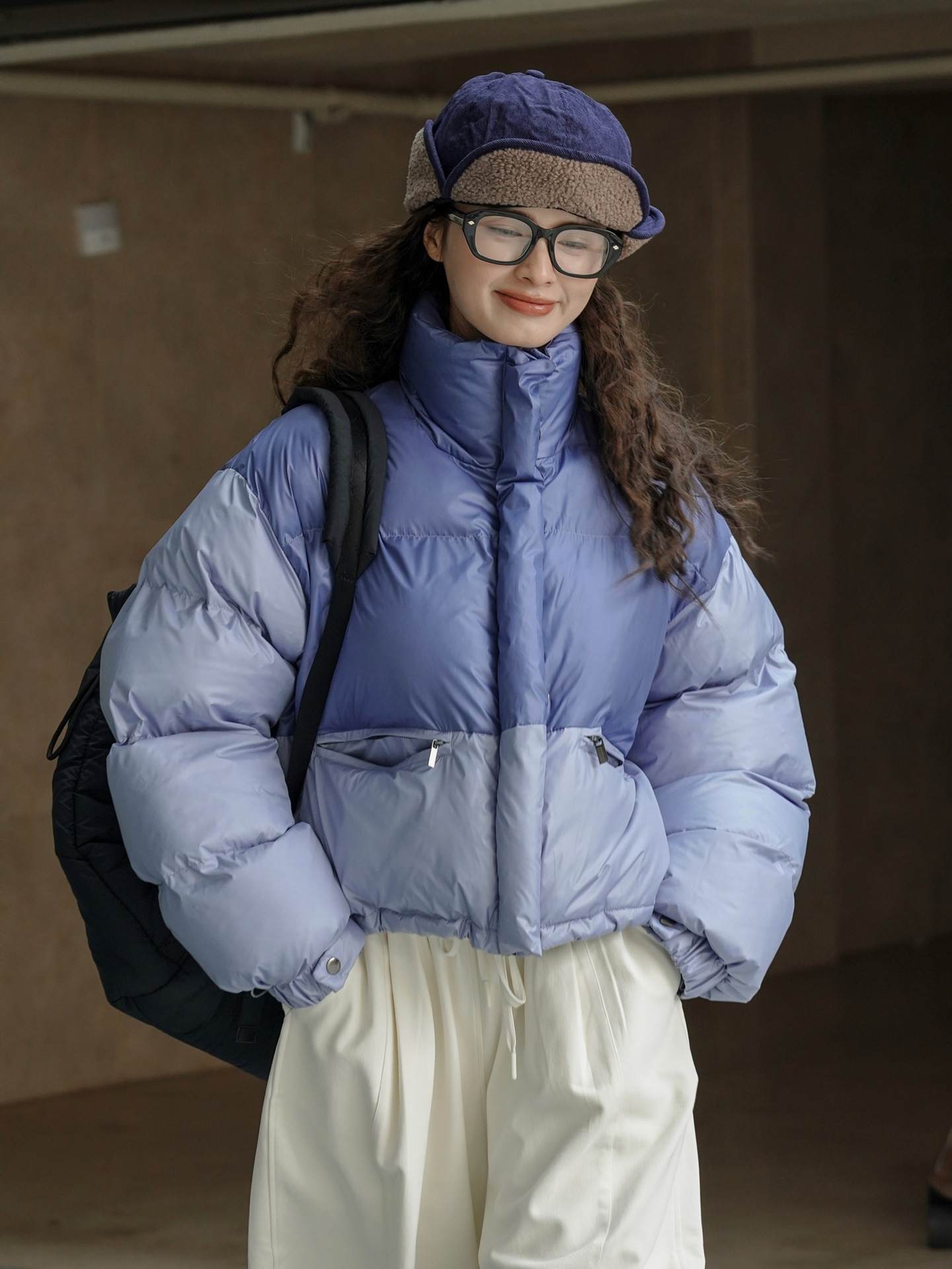 女士冬季立領拼接撞色麵包棉服