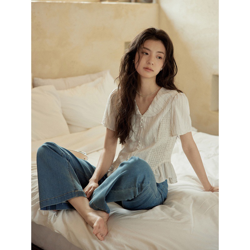 女夏亞麻條紋V領短袖襯衫