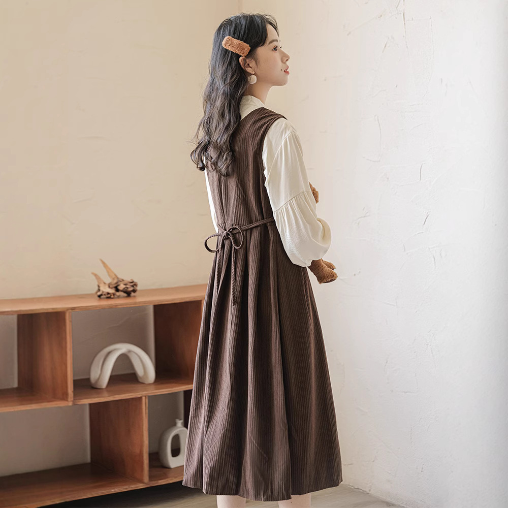 女士秋冬燈芯絨無袖V領背帶連衣裙+長袖襯衫