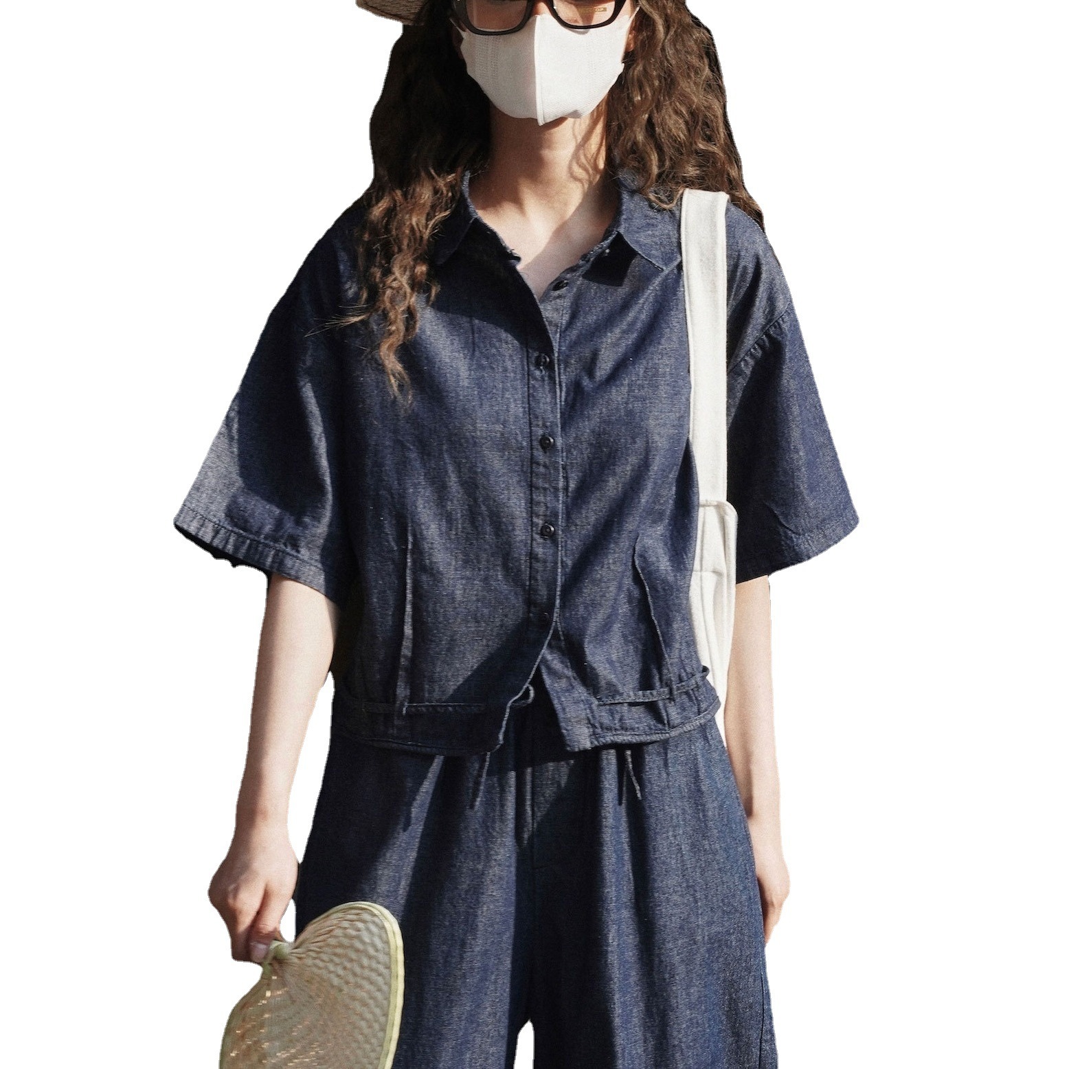 女夏韓版抽绳牛仔短袖衬衫