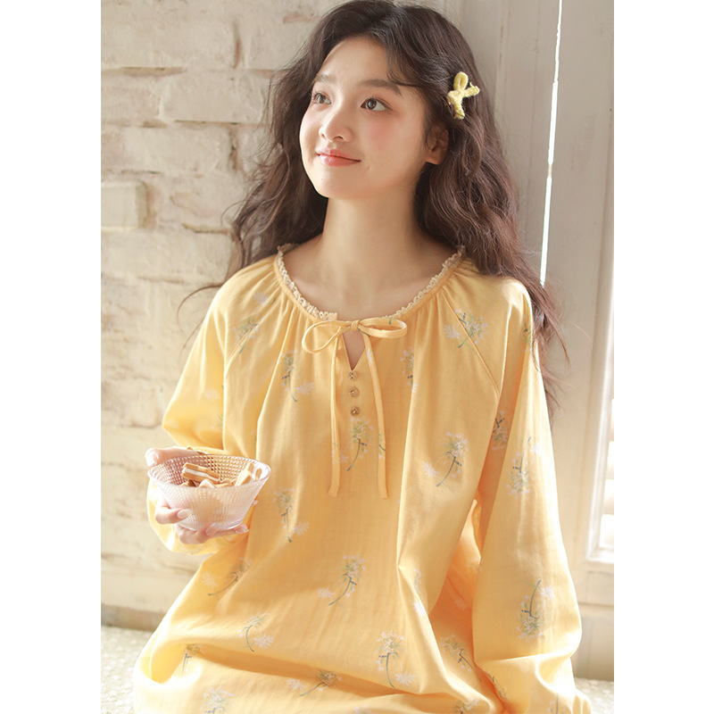 女春純棉紗布黃色碎花寬鬆居家服