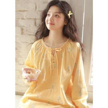 女春純棉紗布黃色碎花寬鬆居家服