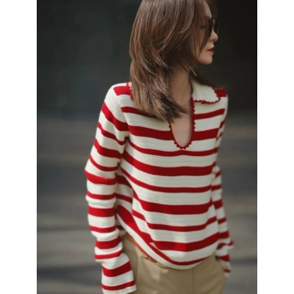 女士秋季紅色條紋U領針織衫