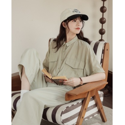 女夏小細方格落肩短袖襯衫