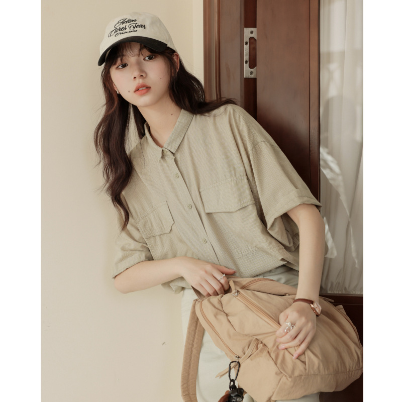 女夏小細方格落肩短袖襯衫