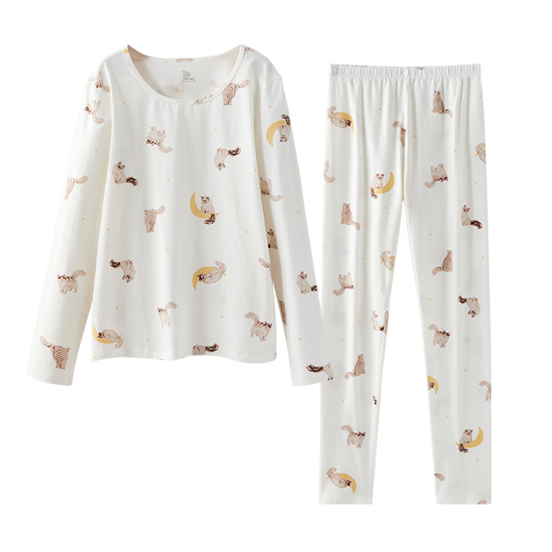 女士秋季純棉插畫風印花秋衣秋褲套裝