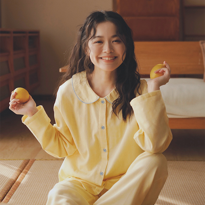 女士春秋純棉紗布娃娃領長袖長褲居家服