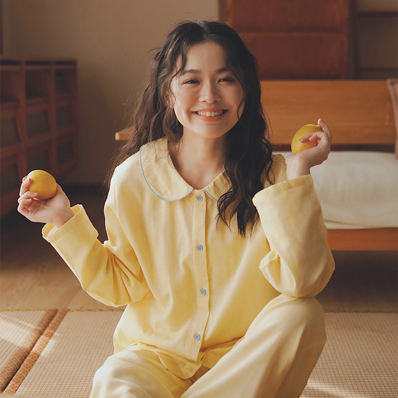 女士春秋純棉紗布娃娃領長袖長褲居家服