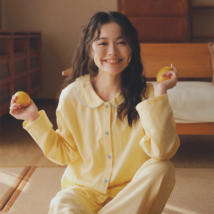 女士春秋純棉紗布娃娃領長袖長褲居家服