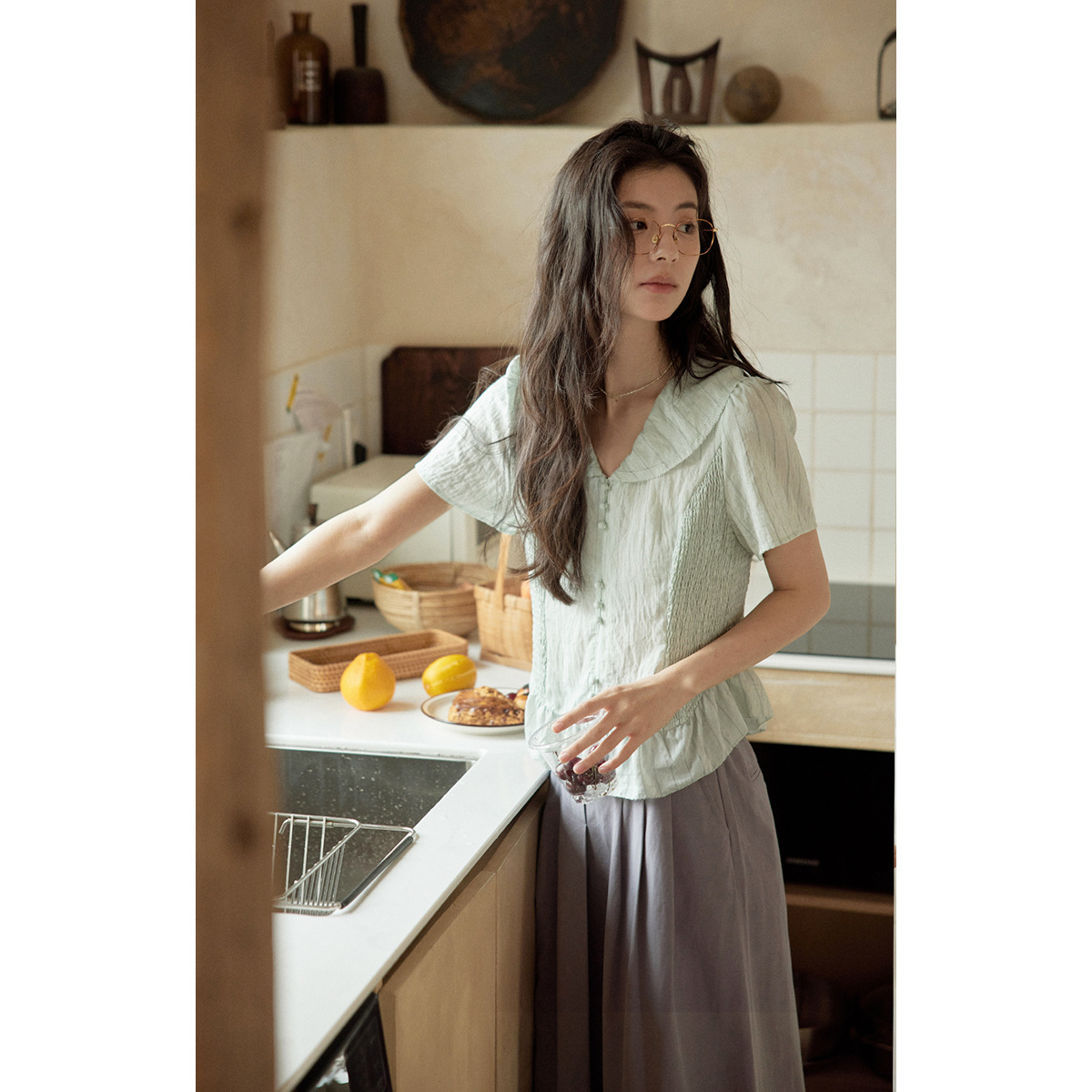 女夏亞麻條紋V領短袖襯衫