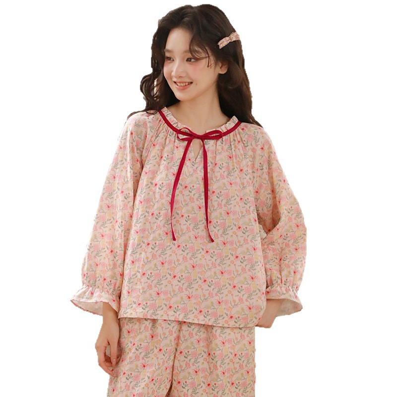 女春秋棉紗碎花九分袖居家服