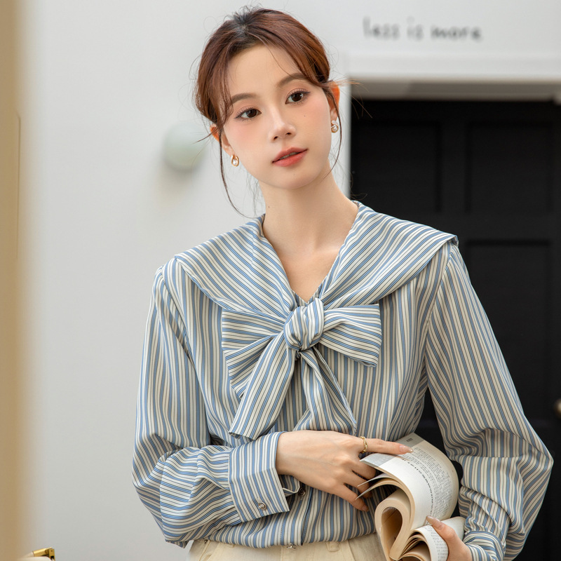 女士春秋海軍領蝴蝶結條紋長袖襯衫