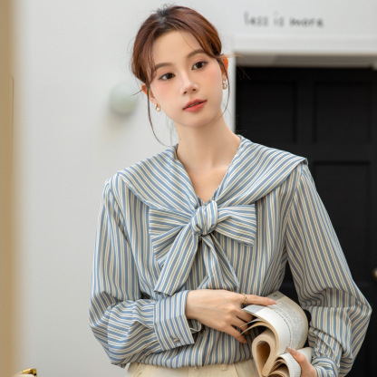 女士春秋海軍領蝴蝶結條紋長袖襯衫