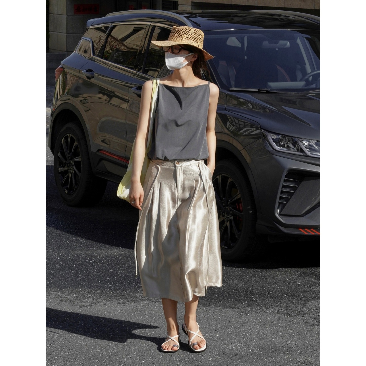 女夏光澤感百褶長款傘裙