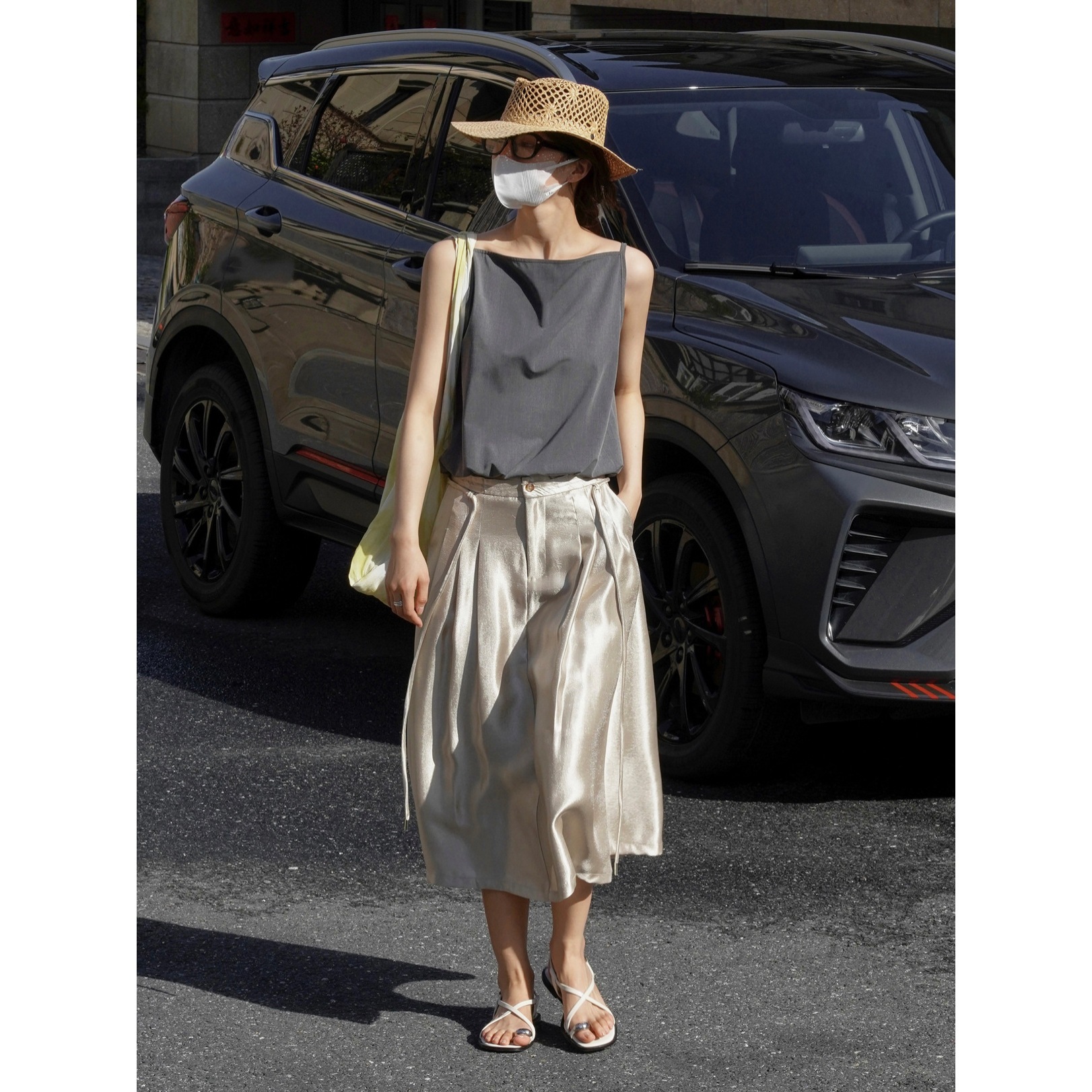 女夏光澤感百褶長款傘裙