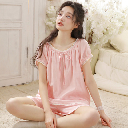 女春夏雙層棉紗花邊短袖短褲家居服