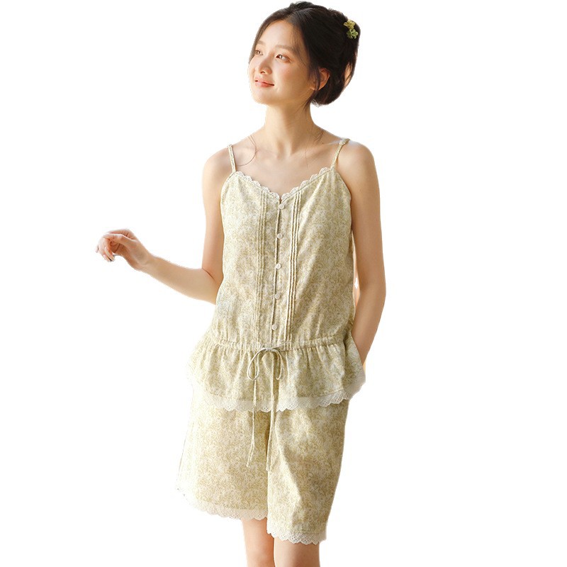 女士夏田園風碎花吊帶帶胸墊短褲居家服