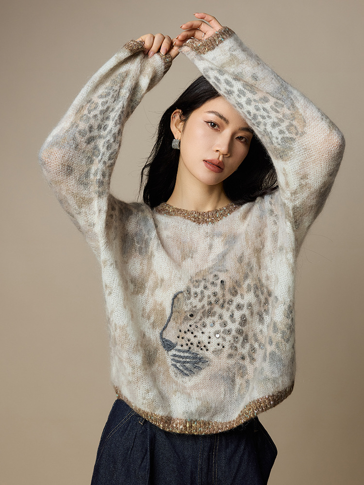 女士春秋印染海馬毛羊毛針織衫