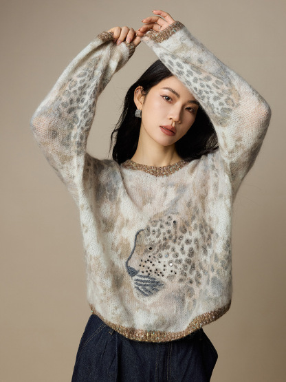 女士春秋印染海馬毛羊毛針織衫