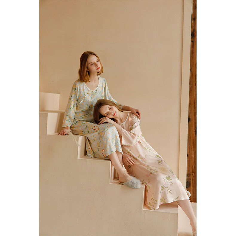 貢緞新中式國風長袖睡裙