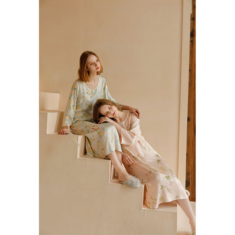 貢緞新中式國風長袖睡裙