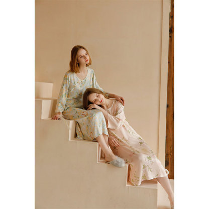 貢緞新中式國風長袖睡裙